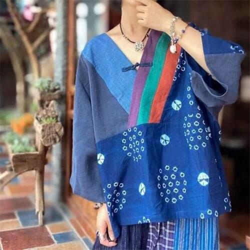 QPFJQD Ladies Seven Sleeve Blouses Print Floral New Summer Autumn Women Loose Retro Linen Shirts And Tops V-Neck