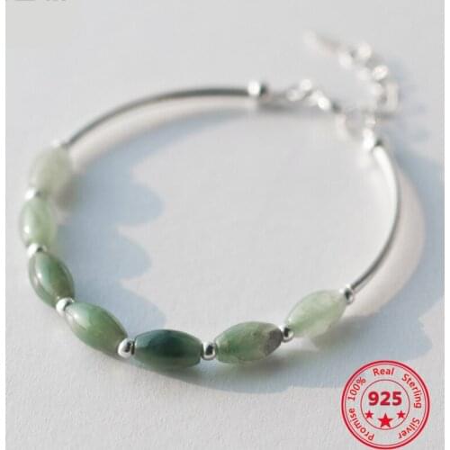 100% Genuine 925 Sterling Silver Bracelets Female Natural Green Jade Oval Waterdrop Lucky Bead Charms Bracelet Jewelry