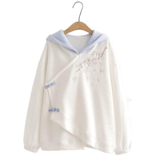 Fleece Floral Embroidery Hooded Sweatshirt Women 2020 Winter Long Sleeve Sweet Style Korean Girly Cute Tracksuits Pullover Top