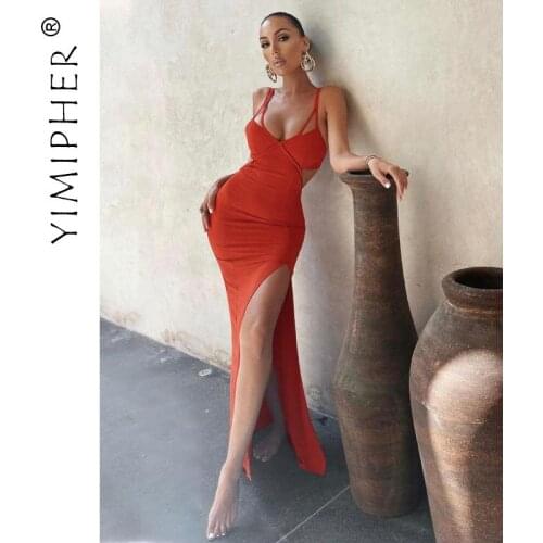 Fashion Black Red Spaghetti Strap Cut Out Sexy Split Long Dress Woman Club Party Backless Maxi Dresses Vestido Clothes