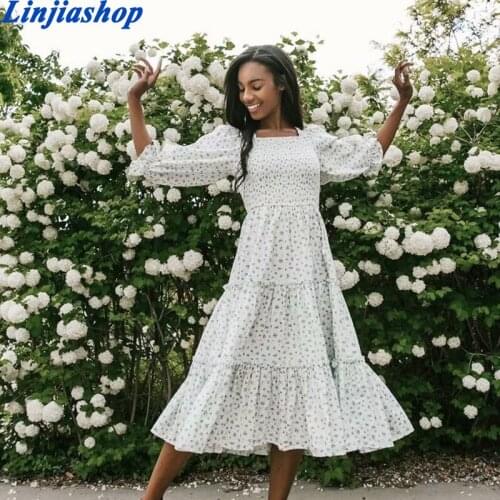 Femme Floral Printing Midi Dress Holiday Style Elastic Waist Ruffles Long Dress Square Collar Boho Summer Vacation Vestidos
