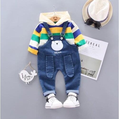 Baby Boys Girl Cartoon Clothing Toddler Infant Suits Hooded T Shirt Straps Bear Overalls Pants 2Pcs/sets Kids Children Tracksuit