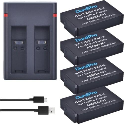 4pc For GoPro ASBBA-001 ASBBA 001 2720mAH Battery + Dual USB Charger For GoPro Fusion ASBBA-001 360-Degree Action Camera