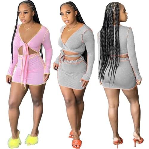 Adogirl Striped Patchwork Two Piece Sets Womens Deep V Neck Long Sleeve Lace Up Crop Tops+ Bodycon Mini Skirts Club Party Suit