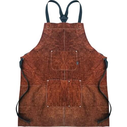 BBQ Leather Apron 2-layer Oil Resistant Anti-wear Apron Thicken Leather Unisex Outdoor Camping Kitchen Wear-Resistant Overalls