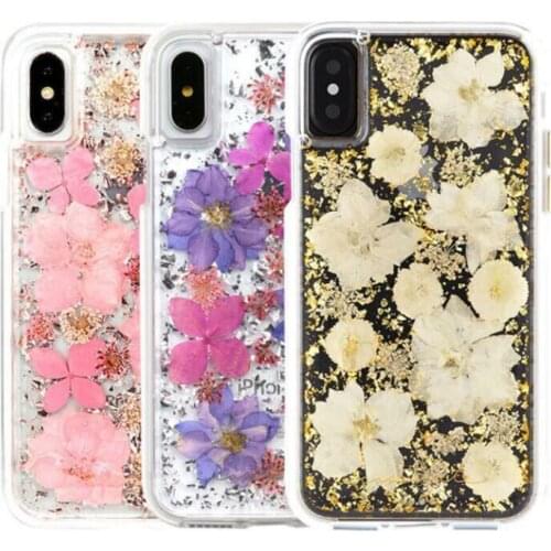 For iPhone 12 Pro Max 11 XS Max XR 8 7 6 Bling Glitter Foil Case Real Petal Flower Cover