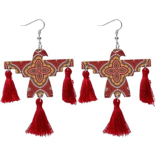 Large Leopard Print Wooden Thunderbird Tassel Earrings for Women Fashion Animal Theme Natural Wood Ptarmigan Earrings Wholesale