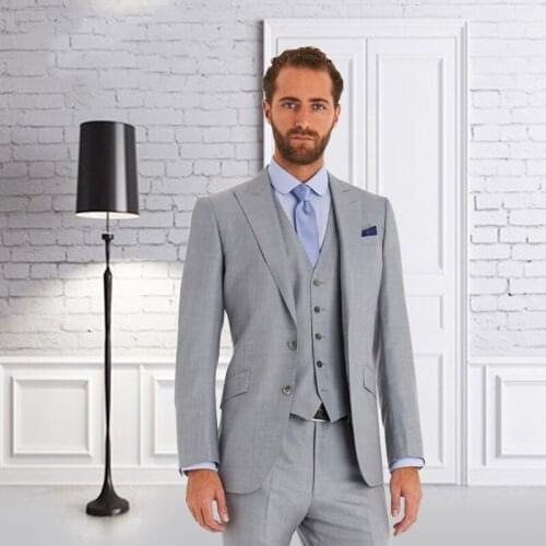 Custom Made Grey Men Suits Peaked Lapel Slim Fit Formal 3Piece Groom Tuxedo Prom Wear Male Blazer Jacket Latest Coat Pant Design
