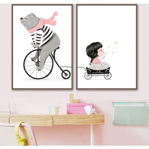 Cartoon Bear Girl Basket Cart Whale Canvas Painting Wall Art Posters And Prints Wall Pictures For Living Room Home Decoration