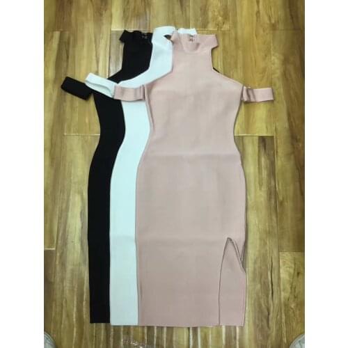 2017 New Women Straps Beige White Black High Neck Bodycon Sexy Bottom Cutout Bandage Dress