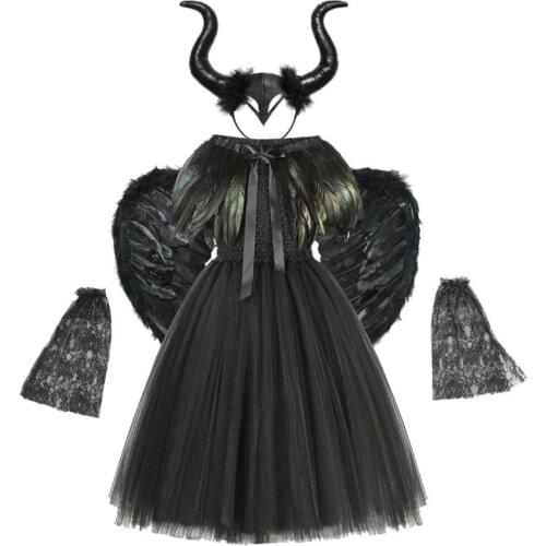 Girls Black Devil Tutu Costume Halloween Girls Fancy Tutu Dress with Feather Shawl Royal Dark Queen Gown Dress
