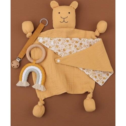 Baby Shower Gift Set Wooden Rainbow Teether Newborn Sleeping Dolls Soothe Appease Towel Infant Pacifier Clips Double Sided Bibs
