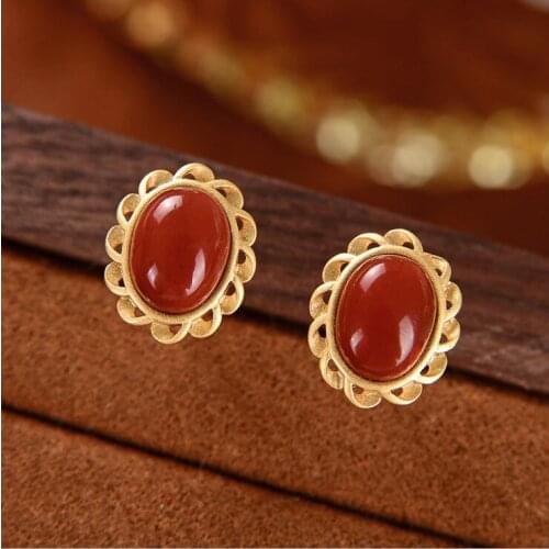 Natural South Red Oval Stud Earrings S925 Sterling Silver Hollow Pattern Agate Stone Earrings Womens Fashion Classic Earrings