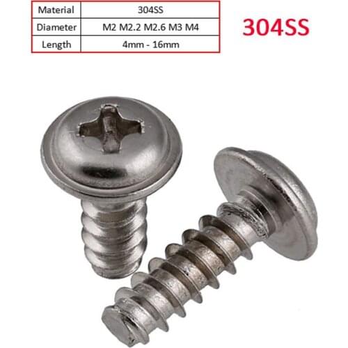 304 Stainless Steel Round Head Philips Flat Tail Self Tapping Screw With Pad Flat Tail Self Tapping Screws M2 M2.2 M2.6 M3 M4
