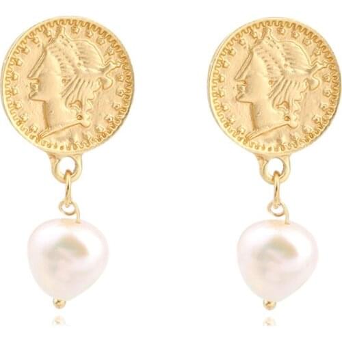 1Pair European New Simple Charm Small Peal Head Coin Hoop Earrings With Pendant Gold Color Peal Earring For Women Jewelry E749-5