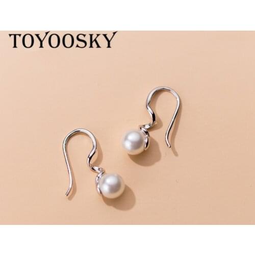 Real 925 Sterling Silver Shell Pearl Wave Dangle Earrings For Women 6-6mm White Pearl OL Jewelry