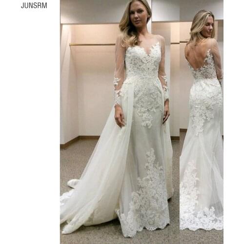 Illusion Wedding Dresses Sheath Long Sleeves Open Back Lace Applique Court Train Back Button Bridal Dress
