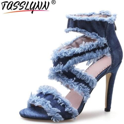 TASSLYNN 2020 Sexy Women Sandals Gladiator Thin High Heels Summer Zipper Shoes Fashion Denim Out Door Shoes Woman Size 34-43
