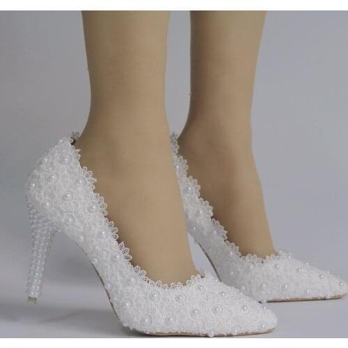 Ladies Shoes Women High Heel Shoes Wedding Shoes Lace Flower White Pearl Bride Low Heel Shoes BIG Size 41