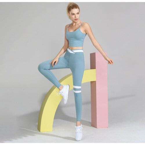 Woman Sportwear Yoga Set 2020 European And American Cross Back Sports Bra Shockproof Stripe Yoga Pants Women 2 Piece Set