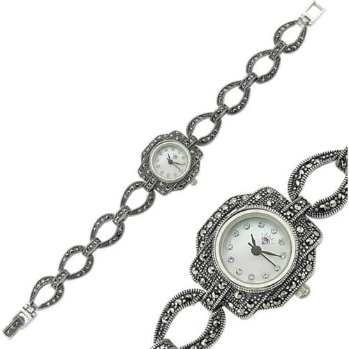 925 K Silver Marcasite Cubic Zirconia Womens Clock