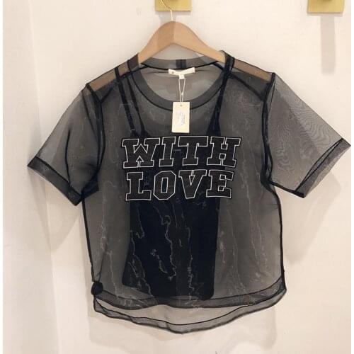 Patads French style spring and summer stitching two-piece set of perspective mesh short sleeve T-shirt womens e19taileur