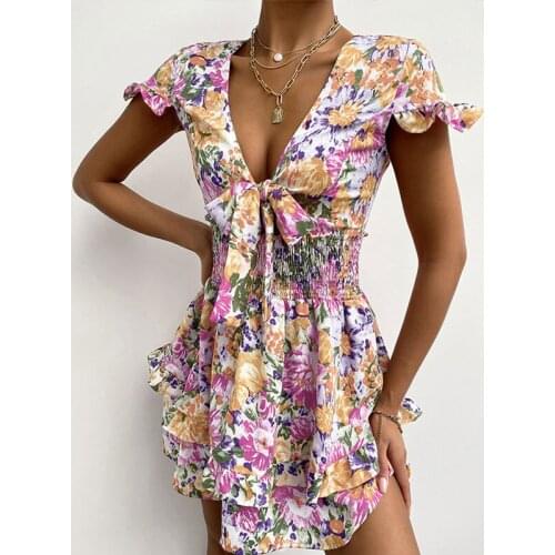 Sexy Deep V-neck Lace up Irregular Dress Women 2021 Summer Butterfly Sleeve Mini Dresses Spring Lady Floral Print Ruffle Vestido