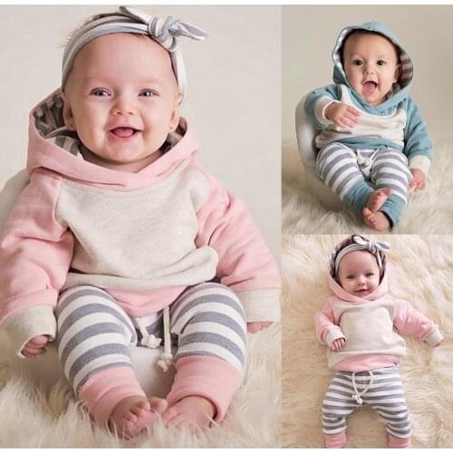 2018 Autumn Newborn Baby Girls Boys Clothes Long Sleeve Stripe Hooded Tops+Pants+Hat 3pcs Set Super Cute Baby Clothing Outfits