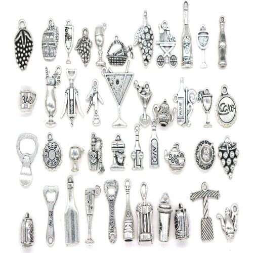 40pcs Mixed Styles Antique Silver Alloy Metal Drinks Wine Charms Pendants DIY Jewelry for Necklace Bracelet Making Accessaries