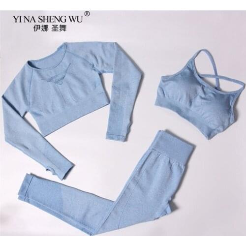 3Pcs Seamless Gym Yoga Pants Set Crop Top Sports Bra High Waist Leggings Pants Yoga Set Women Fitness Cycling Sport Workout Suit