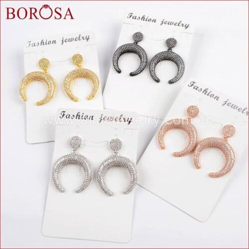 BOROSA 5Pairs Fashion CZ Micro Pave White Crystal Crescent Double Horn Earrings Drusy Dangle Earrings for Women Jewelry WX918