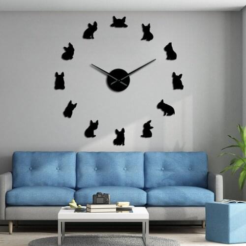 French Bulldog DIY Giant 3D Frameless Wall Clock Watch France Domestic Dog Large Frenchie Wall Watch Dod Breeds Dog Lovers Gift