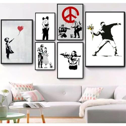 Banksy Black White Abstract Wall Graffiti Art Canvas Painting Posters And Prints Wall Pictures For Living Room Decor Aesthetics