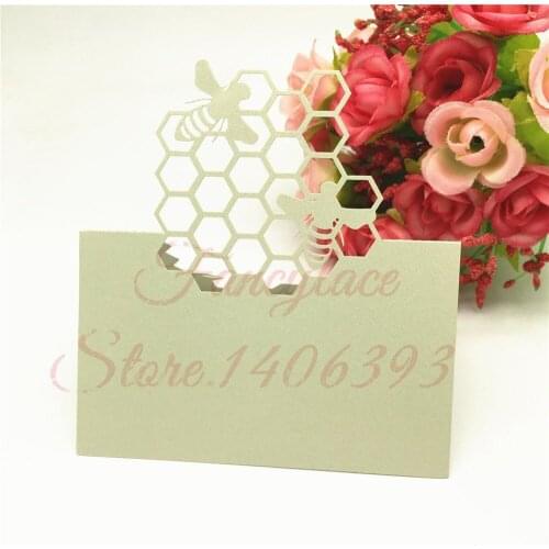 Birthday Party Decor Place Cards Laser Cut 50 Pcs Hollow Pattern Bee Shape Wedding Event Table Name Card Flower Decoupage