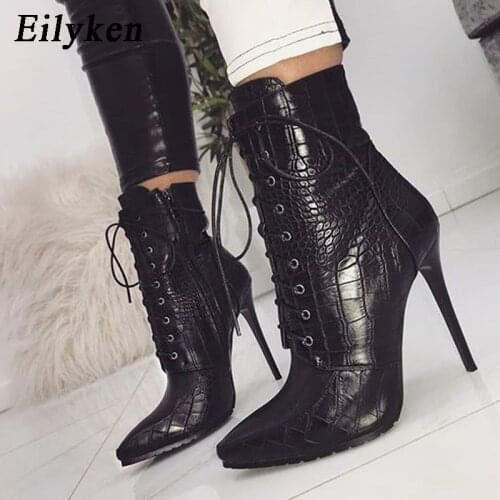 Eilyken Black Snakeskin grain Ankle Boots For Women High heels Pointed toe Ladies Boots 2021 New Sexy Lace-Up Boots Size 35-42