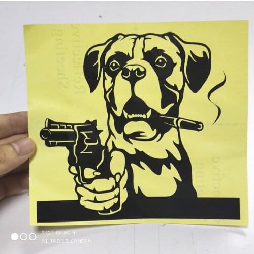 FD529D Die Cut Funny Boxer Pug Dog With Gun Motorcycle Car Sticker Accessories PVC Notebook Laptop Guitar Decal
