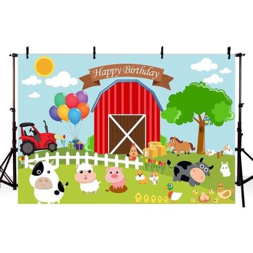 Farm theme photography backdrop Red Barn Barnyard Tractor Balloons Animals Fence Garden Custom Photo Studio Background Banner