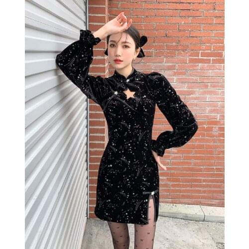 FONELY FAIRY Fashion Womens Autumn New Style Temperament Star Velvet Hollow Cheongsam Thin Dress