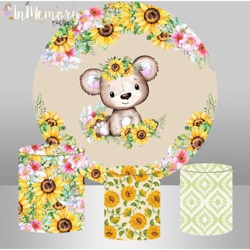 Animals Newborn Baby Shower Round background Woodland Birthday Party Decoration Banner Sunflower Bear Circle Backdrops