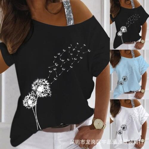 Sexy Off Shoulder Dandelion Print T-shirt Summer Women Casual Halter Short Sleeves White Tops 2021 Fashion Street Loose Tshirts