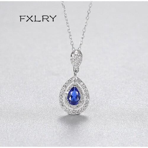 FXLRY Elegant Micro-inlaid Zircon Water Drop Shape Pendant Necklace Blue CZ Jewelry for Women Gifts