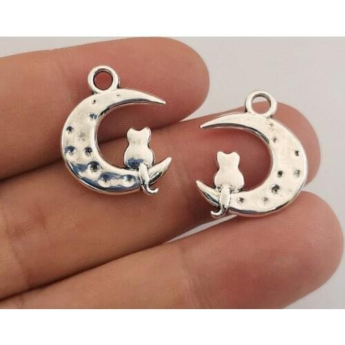 JINDINSP 10pcs 23*18mm Antique Silver Color Moon Cat Charms Pendant For Jewelry Making DIY Jewelry Findings ,Earring charms