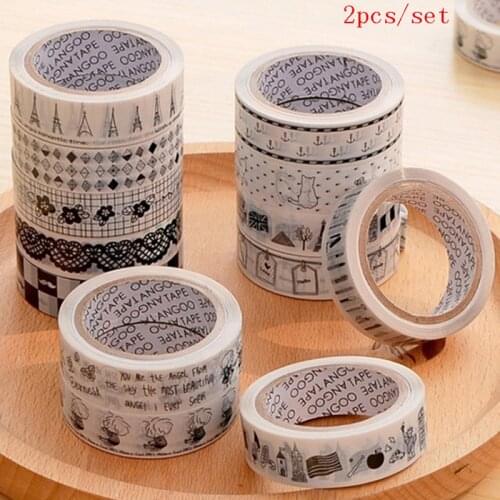 2pcs/set DIY Adhesive Tape Decorative Masking Tape 15mm*10m Scrapbooking Cartoon Adhesive Tape School Supplies Black and white
