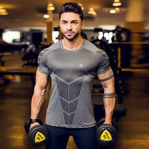 Mens Quick Dry Fitness Tees Sport Jogging Short Sleeves Shirt Tights Gym Bodybuilding Tops Men Under Muscle Train T-shirt