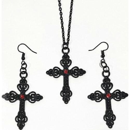 New Goth Black Alloy Cross Necklace Ear Crochet Adornment Charm Ornate Big Pendant Statement Punk Jewelry Valentines Gift Women