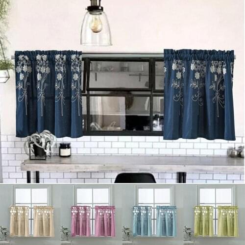 Solid Color Flower Pattern Kitchen Short Curtain Door Valance Drape Through the Rod Window Home Living Room Decoration