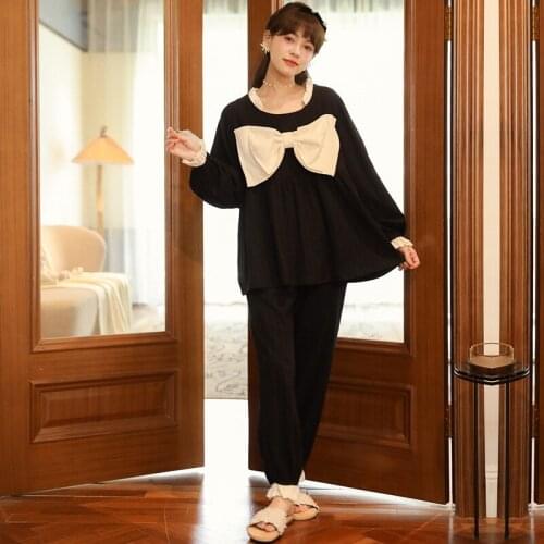 Kawaii White Big Bow Princess Pajamas Sets Women Sweet Fashion Black Long Sleeve Sleepwear Chic Loose Cotton Warm Winter Pajamas