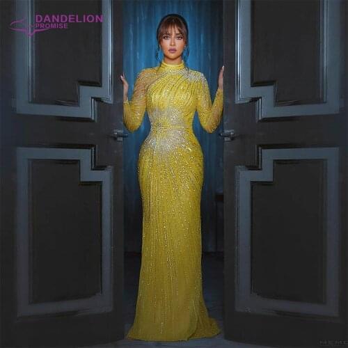Luxury Yellow Mermaid Evening Dresses For Women 2021 Beading High-Neck Long Sleeves Handmade Formal Party Gowns