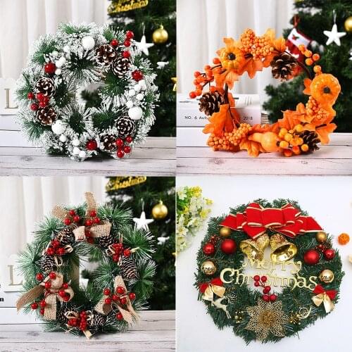 Merry Christmas Wreath 38CM Christmas Decoration Front Door Wreath Decoration Wall Artificial Pine Wreath Red Berries Flower