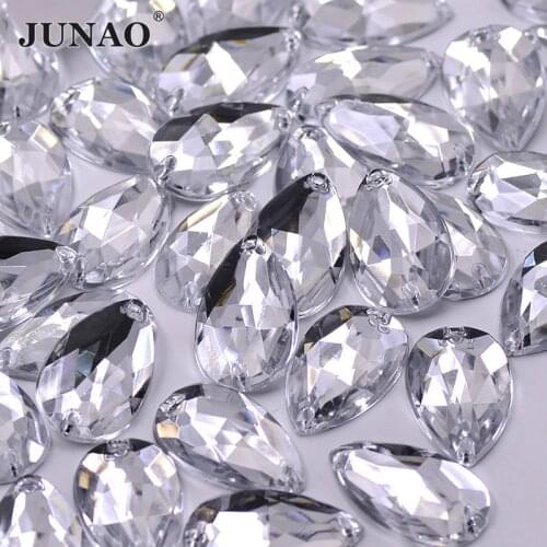 JUNAO 100pcs 10*18mm Sewing Teardrop Crystal Rhinestones Sew on Acrylic Stones Flatback Crystal Button for Needlework